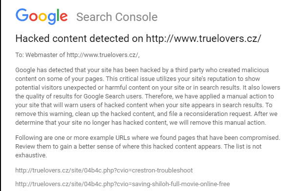 Upozornění na hack webu od Googlu